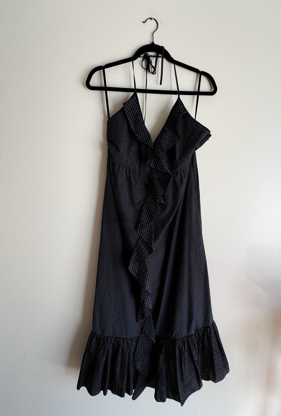 J. Crew Black + White Polka Dot Ruffle V Neck Spaghetti Strap Halter Midi Dress